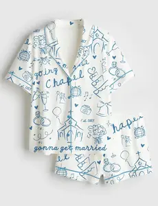 Women’s Going To The Chapel Gonna Get Married Bachelorette Bride Wedding Art Print Short Sleeve Satin Pajama Set, Unique PJs with Design, Matching Family Sleepwear Set, Satin Pajama Set For Men Women Kids