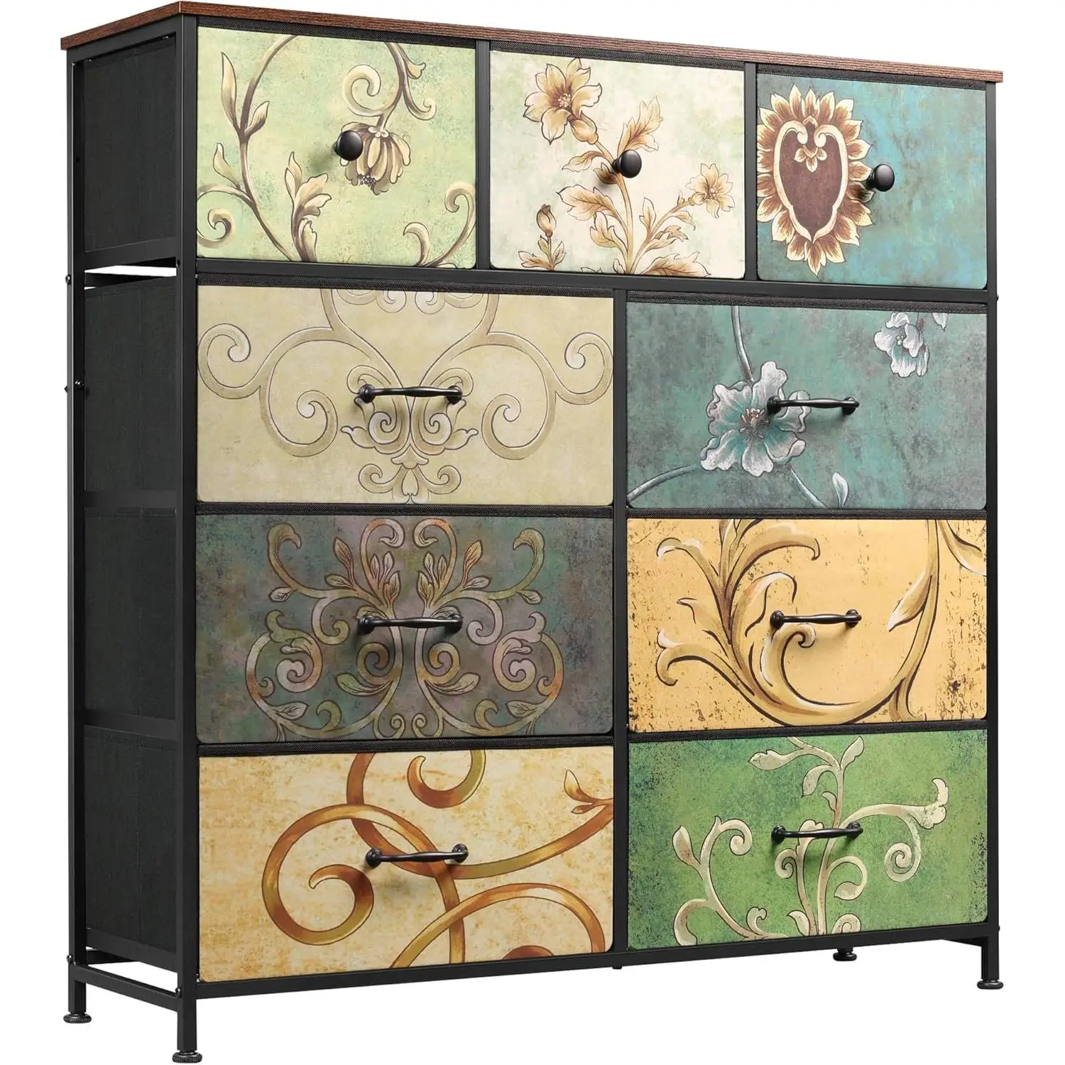 WLIVE 9-Drawer Aesthetic Floral Fabric Dresser | Space-Saving Storage Tower / Steel Frame & Wood Top, Multi-Use Cabinet for Bedroom/Closet