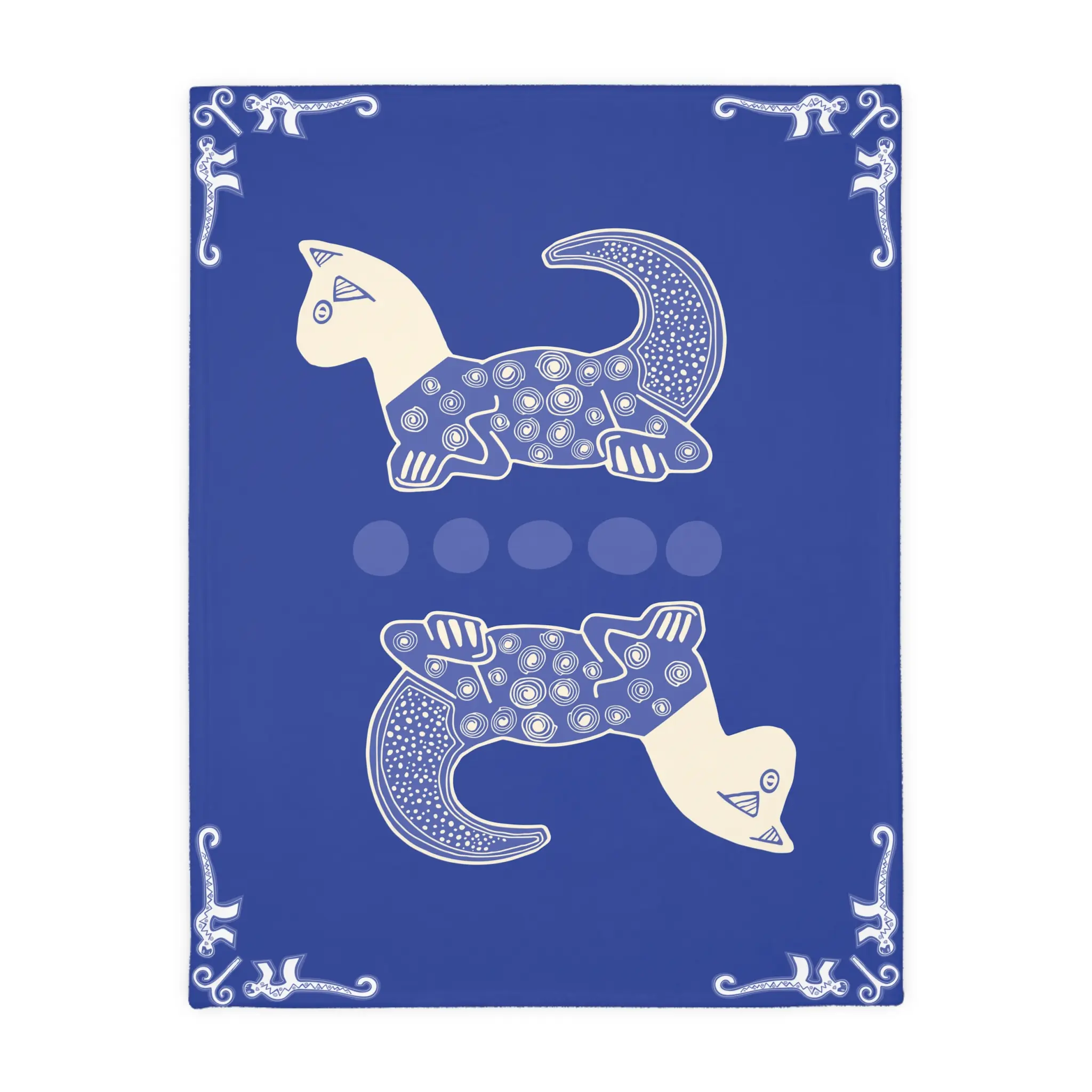 Colombian Dreams Blue Folk Cat Pattern Blanket | Velveteen Microfiber