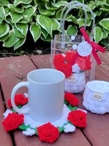 Handmade Crochet Rose Coaster Set  with Holographic Handle Gift Box