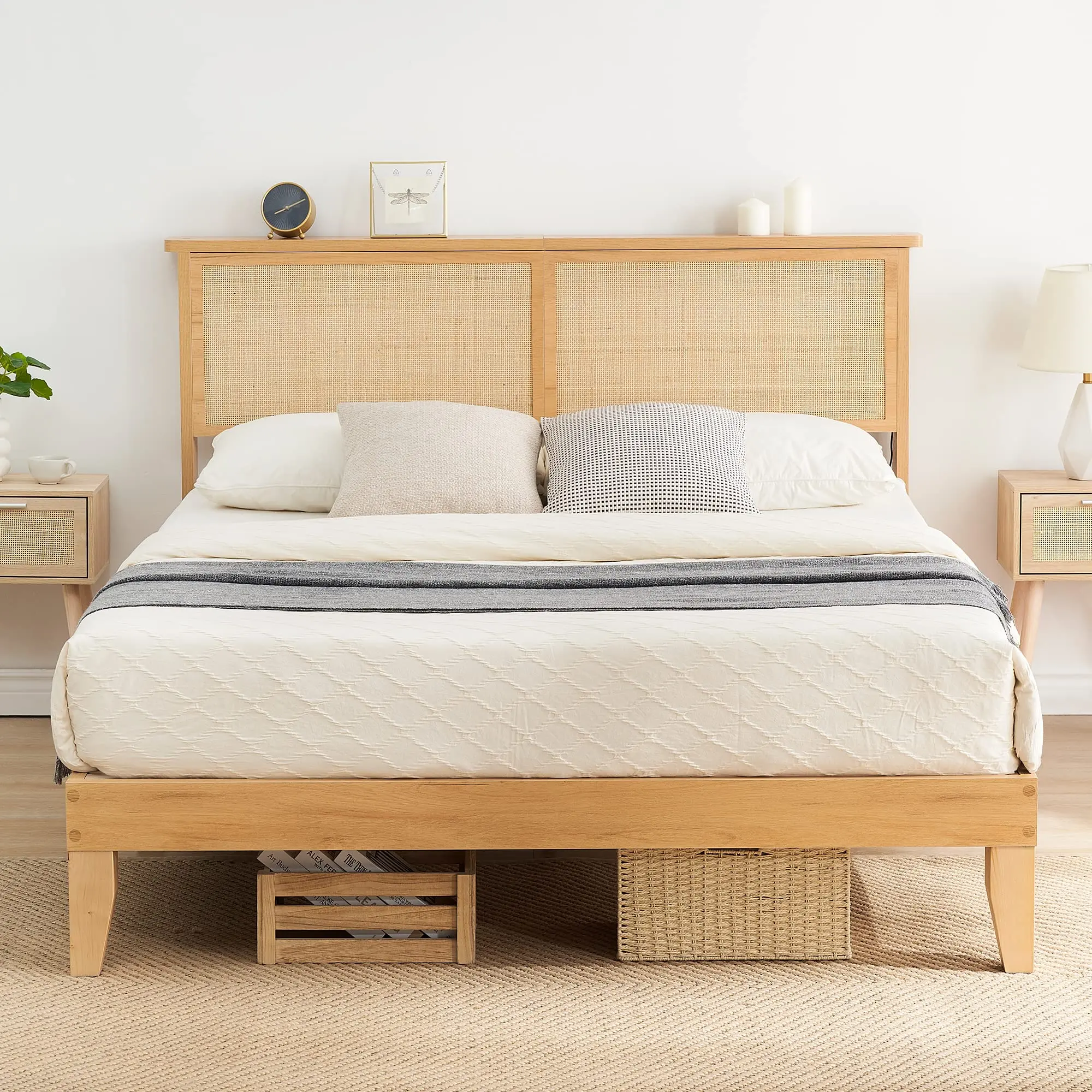 King Size Rattan Bed Frame, Bohemian King Bed with Natural Headboard, LED Lights, Solid Wood Foundation with Silent Slats, No Box Spring Needed