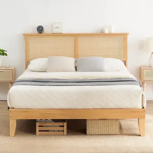 King Size Rattan Bed Frame, Bohemian King Bed with Natural Headboard, LED Lights, Solid Wood Foundation with Silent Slats, No Box Spring Needed