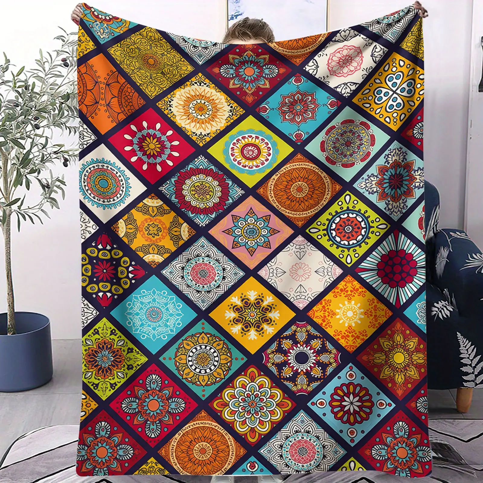 Bohemian Throw Blankets Soft Cozy Plush Flannel Floral Print Blanket for Sofa Bed Couch Bedroom Home Decor Supplies for Men Women