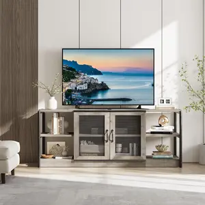 【GARVEE】Farmhouse Entertainment Center and Media Console Table, 63" Rustic Industrial TV Stand with Storage Cabinet and Mesh Doors, Fits 65-75 Inch Screens, Light Grey for Living Room
