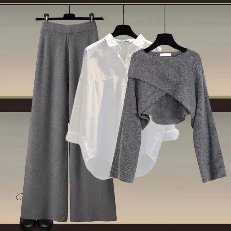 Knitted sweater shirt wide leg pants three-piece autumn and winter suit women's 2025 new plus size women's fashion slim2025