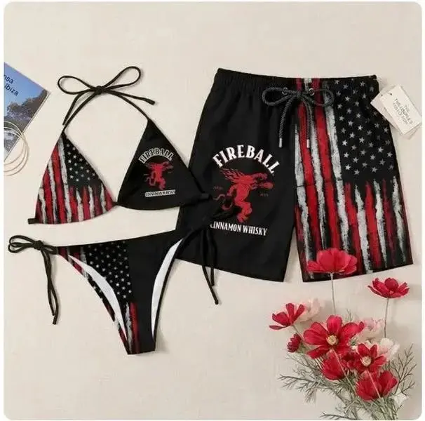 Fireball American Flag Couple Swimwear – Matching Bikini & Men’s Swim Shorts, Patriotic His & Hers 4th of July Beach Vacation Swimsuits