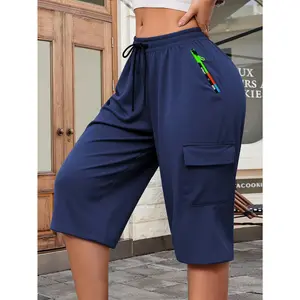 Women's Spring-Summer Casual Solid Cargo Capri Pants - Elastic Waist with Drawstring, Multi-Color Zipper, Large-Capacity Pockets - Suitable for Outdoor Leisure, Sports, Daily Wear