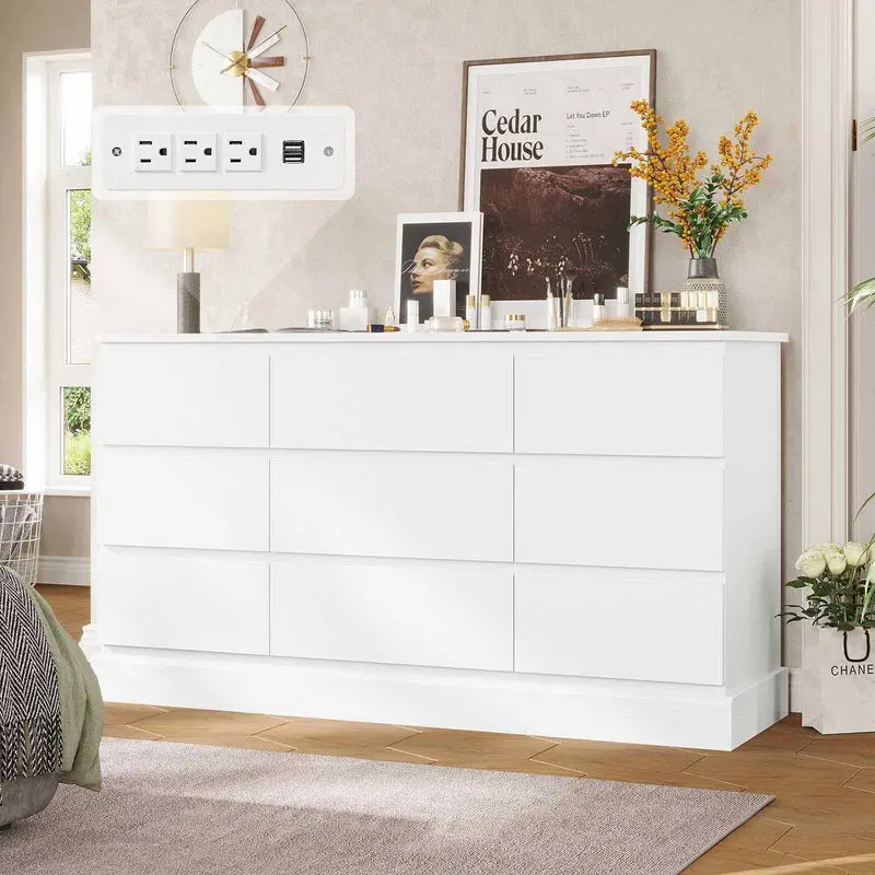Sikaic Modern White Dresser for Bedroom with 9 Drawers, 61.4"Wide Dressers, Chest of Drawers with Sikaic Modern White Dresser for Bedroom with 9 Drawers, 61.4"Wide Dressers, Chest of Drawers with