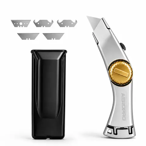 AeroPro Industrial Heavy-Duty Fixed Straight Blade Utility Knife - Die-Cast Aluminum Housing, Manual Retraction, Quick Release, 5 Blades Included for Roofing, Carpet Cutting, Straight Blade Utility Knives
