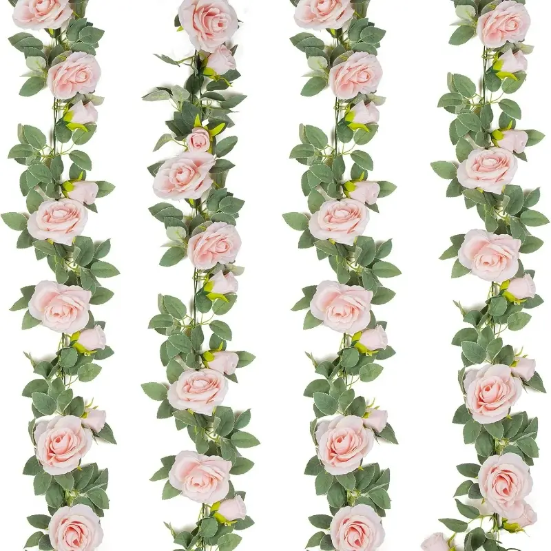 3Pcs Artificial Flowers for Outside Rose Vine Decorative Fake Flower Garland Fake Silk Rose Hanging Vine for Wedding Party Background Arch Garden Background Decoration Faux Floral Decor (Pink)