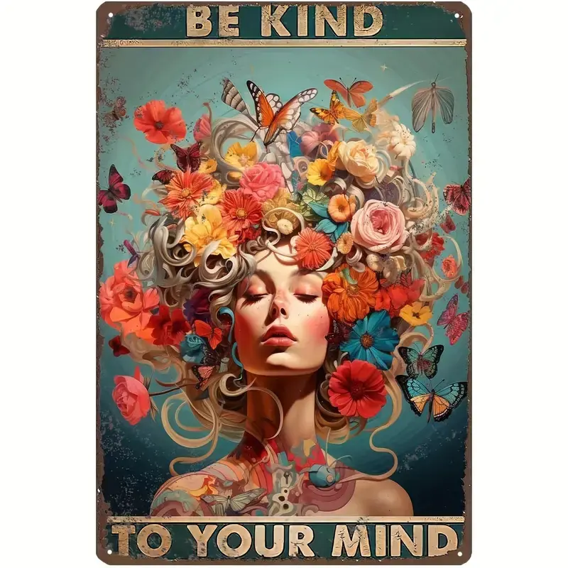 Vintage Posters Mental Health Wall Art Be Kind To Your Mind-Floral Woman Gift Posters For Room Aesthetic Floral Woman Tin Sign