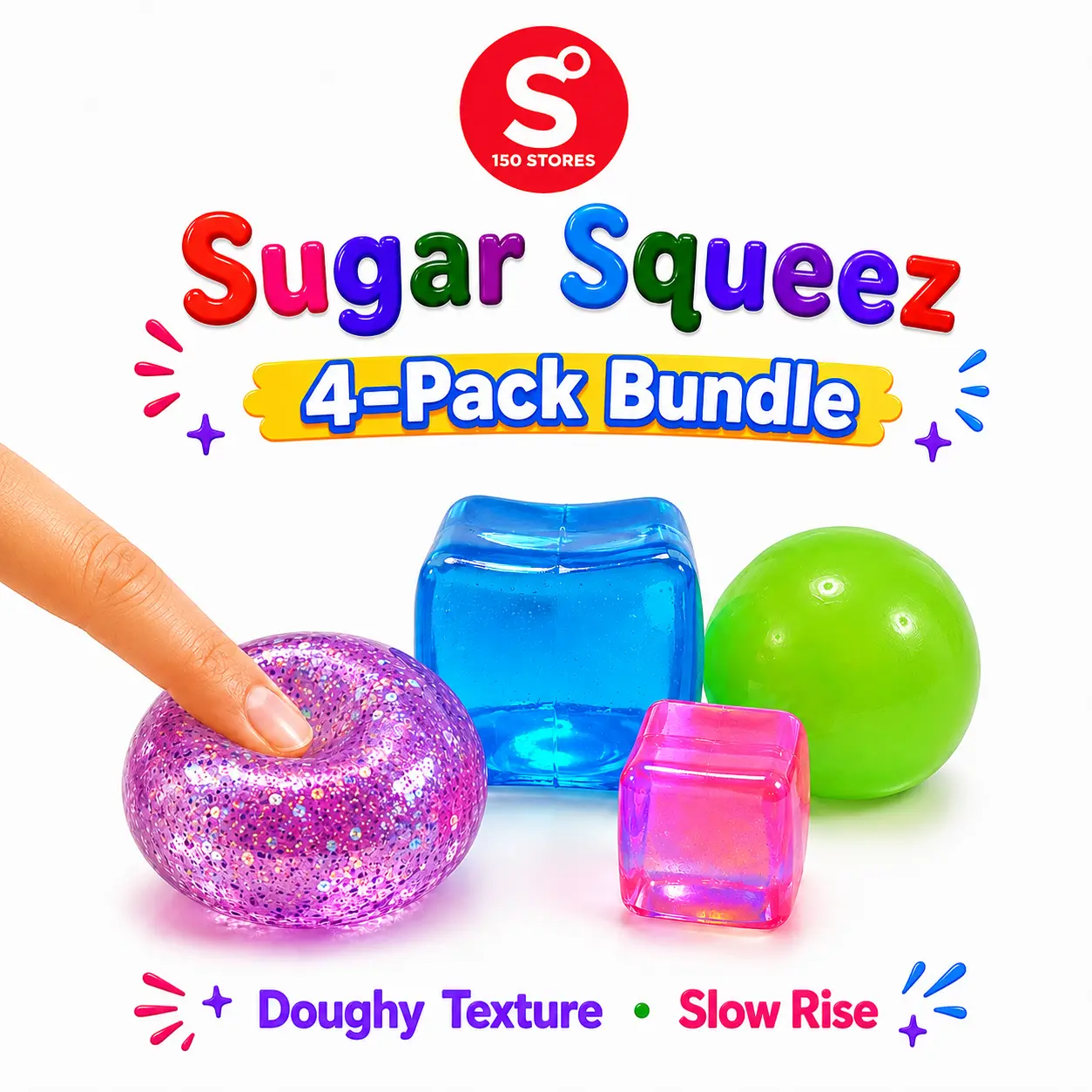 SugarSqueez Sugar Squishy 4-pack- ASMR Squishies Toys, Ultra Soft Maltose-Filled Dough-Like Fidget Sensory Toy Set, Slow-Rising Assorted Collectible Squishies with Glitter, Neon, Cube Styles, Stress Relief for Kids, Birthday Gifts