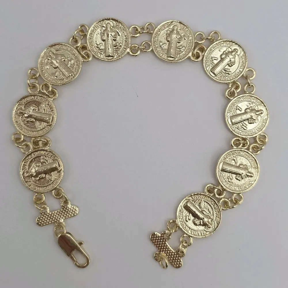 Saint Benedict coins style bracelet gold-plated gold color double face