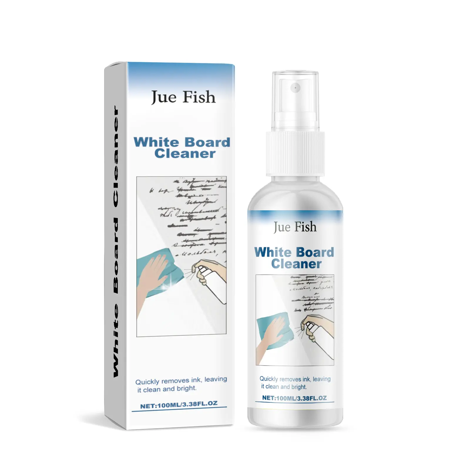 Jue-Fish Whiteboard Cleaner Spray with Gentle Formulation, Cloth Included, Cocamidopropyl Betaine, Palm Kernel Oil Amide DEA, Disodium Edta, Surface-Safe, Fast-Lasting Cleaning for Office Users, Household Oil-Based Marker Ink Remover, Spray Bottle, Househ