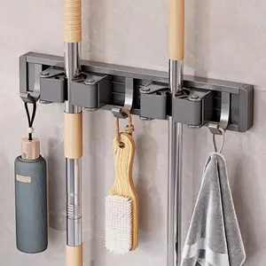 Metal Mop and Broom Holder, No Drill Adjustable Hooks, Wall Mounted Storage Rack, Space Saving Organizer, Suitable for Home Kitchen Garden Laundry Garage