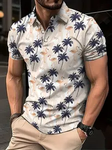Men's Tropical Palm Tree Print Shirt, Short Sleeve Button Front Casual Summer Golf & Beach Wear, Base Blue Accents, Casual Outdoor Shirt