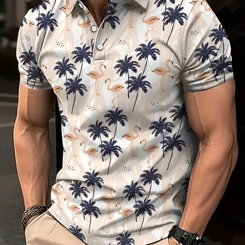 Men's Tropical Palm Tree Print Shirt, Casual Graphic Shirt, Short Sleeve Button Front Casual Summer Golf & Beach Wear, Base Blue Accents, Casual Outdoor Shirt, Casual Beach Shirts, Summer Apparel
