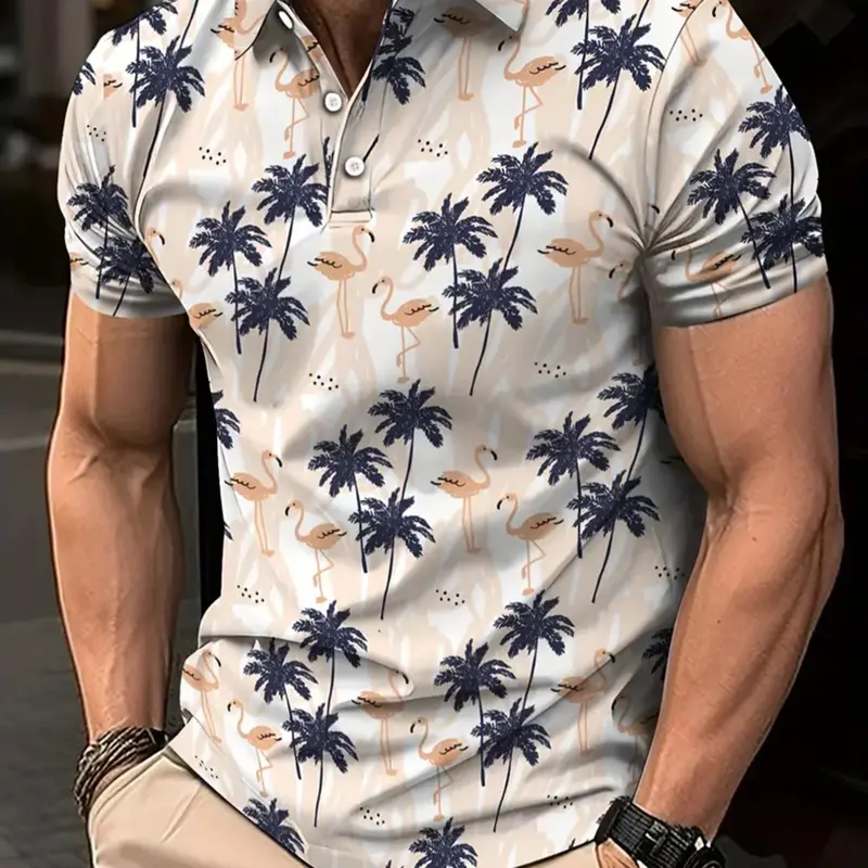 Men's Tropical Palm Tree Print Shirt, Casual Graphic Shirt, Short Sleeve Button Front Casual Summer Golf & Beach Wear, Base Blue Accents, Casual Outdoor Shirt, Casual Beach Shirts, Summer Apparel