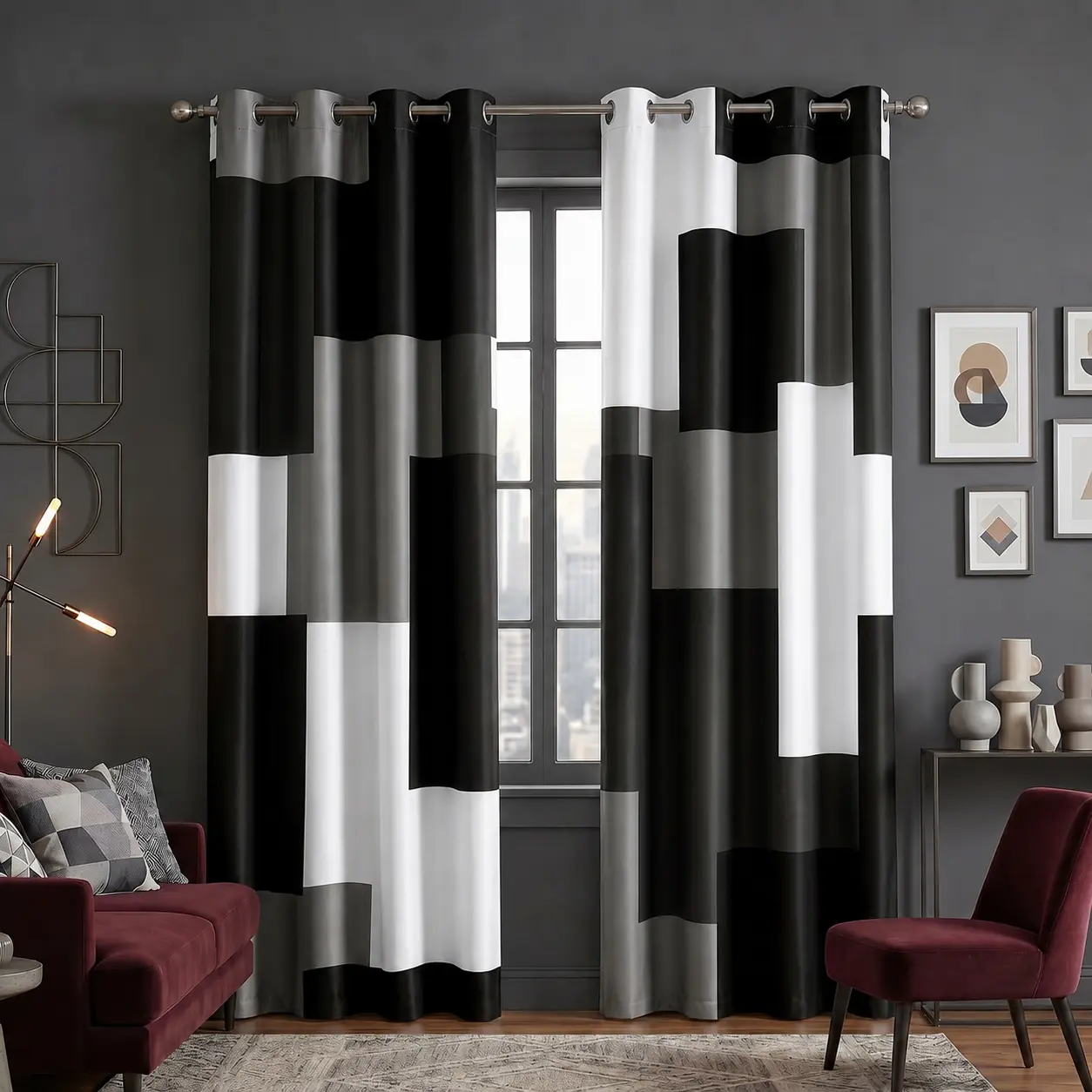 Tyrot 100% Blackout Curtains Set of 2 - Thermal Insulated, Noise Reducing, Modern Geometric Print Drapes, Blackout Window Cover, Curtains for Bedroom, Living Room Decor