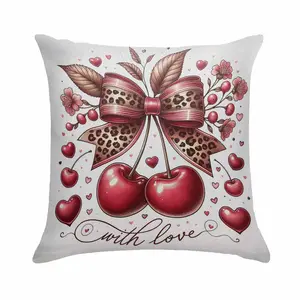 Cherry Throw Pillow (Pillow insert not included)Cover Leopard Bow and Floral Heart Print Romantic Decorative Cushion Case Soft Durable Fabric for Sofa Bedroom Living Room Couples Anniversary Gift