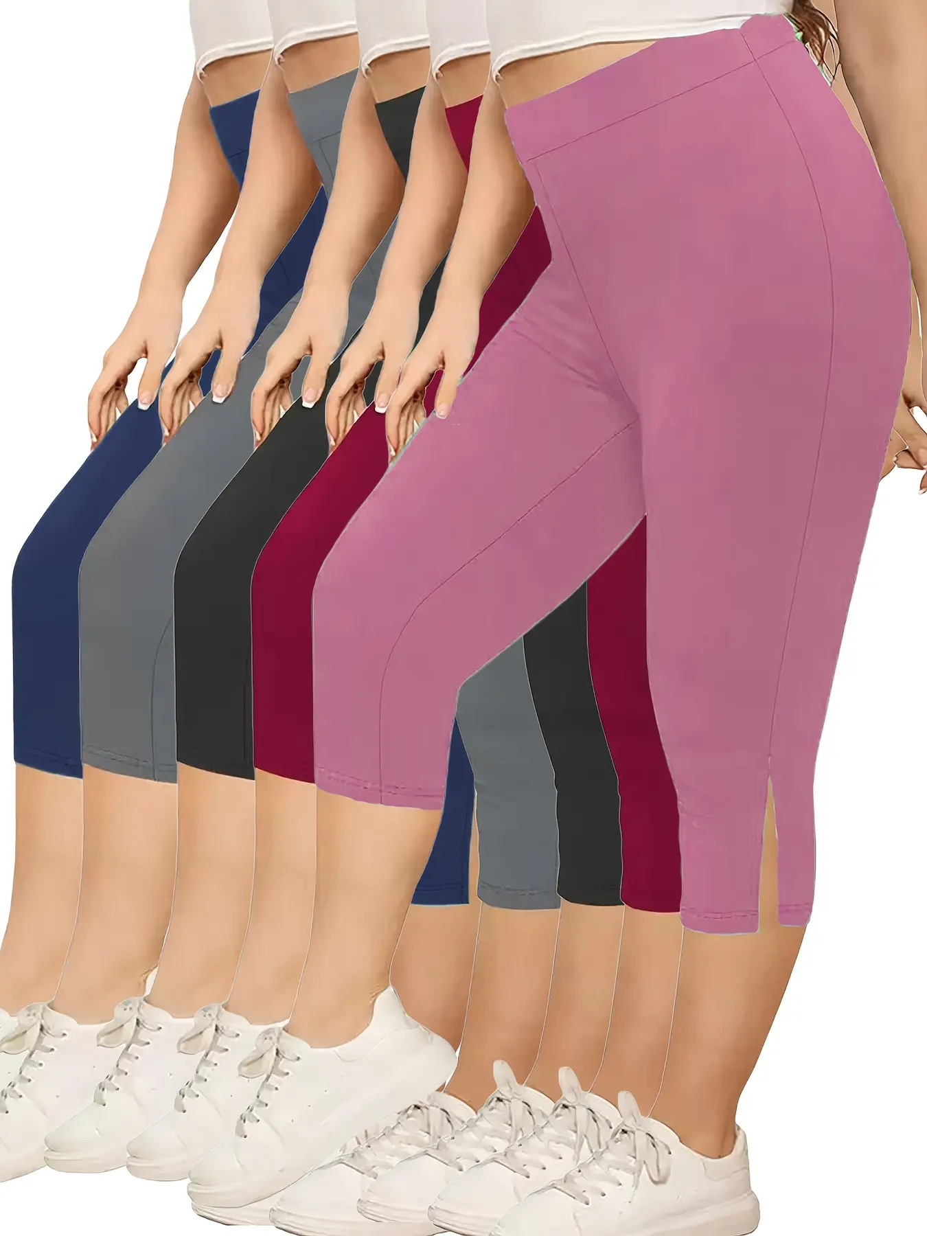5-piece Pack Of Plus-size Women's Comfortable, Breathable, Elastic-waist, 7/8-length Pants With A Slit And Versatile Color Casual Leggings