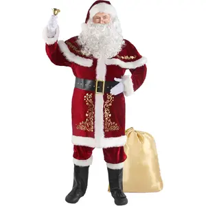 Men's Wabole Santa Claus Costume 12-Piece Set Luxury Professional Christmas Suit with Red Fleece-Lined Jacket Faux Fur Trim Velvet Hat for Adult Men Menswear Plush One-Piece Cosplay Pajamas Thickened Cheongsam Party Dress