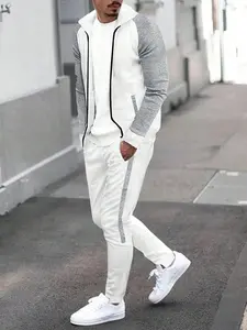 Two-Piece Set Men's Patchwork Raglan Sleeve Zip Up Hoodie & Drawstring Waist Pants, Casual Regular Fit Long Sleeve Pocket Hooded Outerwear & Trousers for Fall & Winter, Men's Clothes for Daily Wear