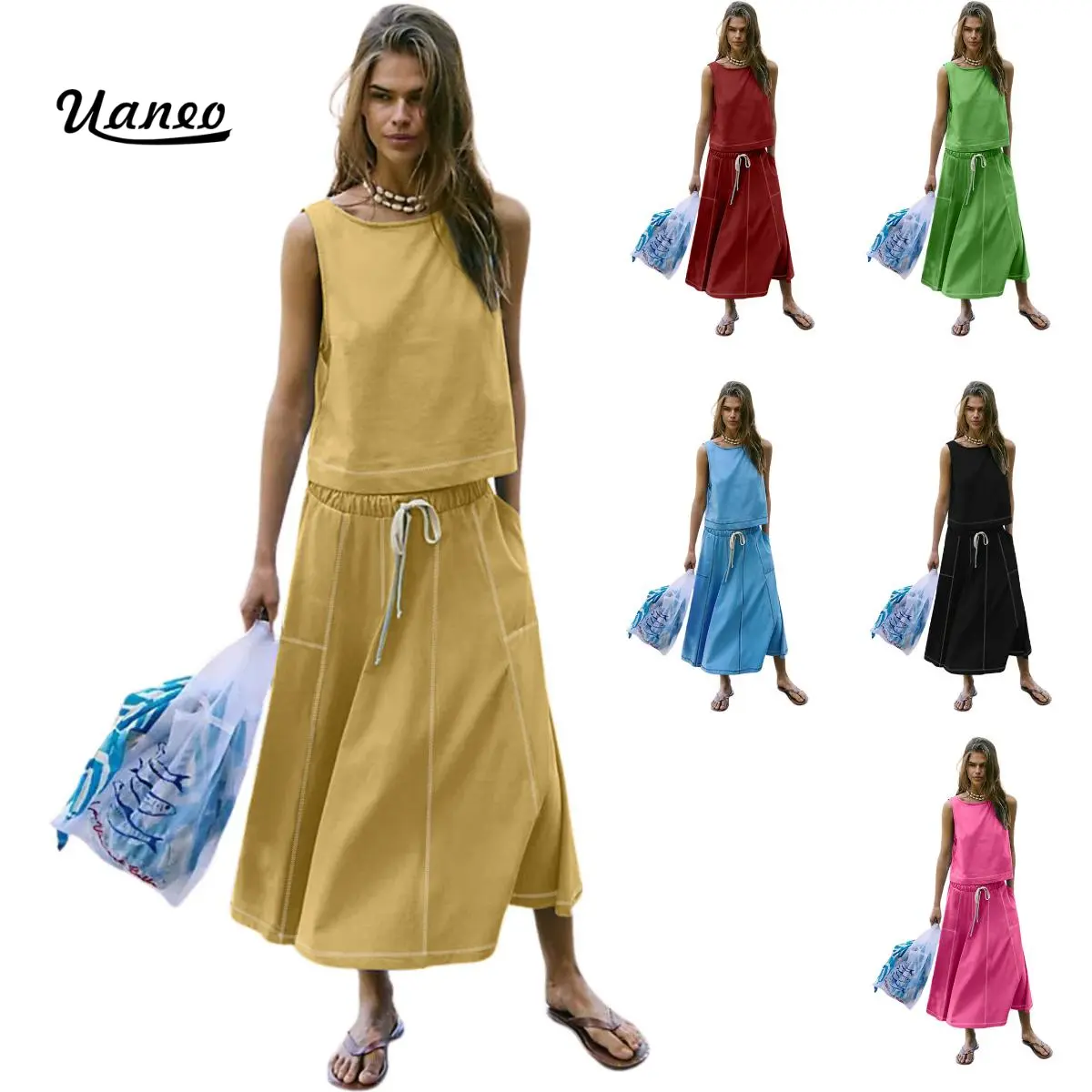UANEO Women's 2-Piece Skirt & Top Clothes Set - Lady's Basic Breathable Crew Neck Fitted Tank Top, Drawstring Skirts for Women with Pockets, Summer Beach Vacation Wardrobe Staple
