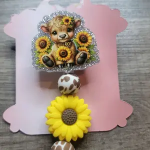 Sunflower Badge Reel with Cow Design and Leopard Print Bead for Stylish Accessory