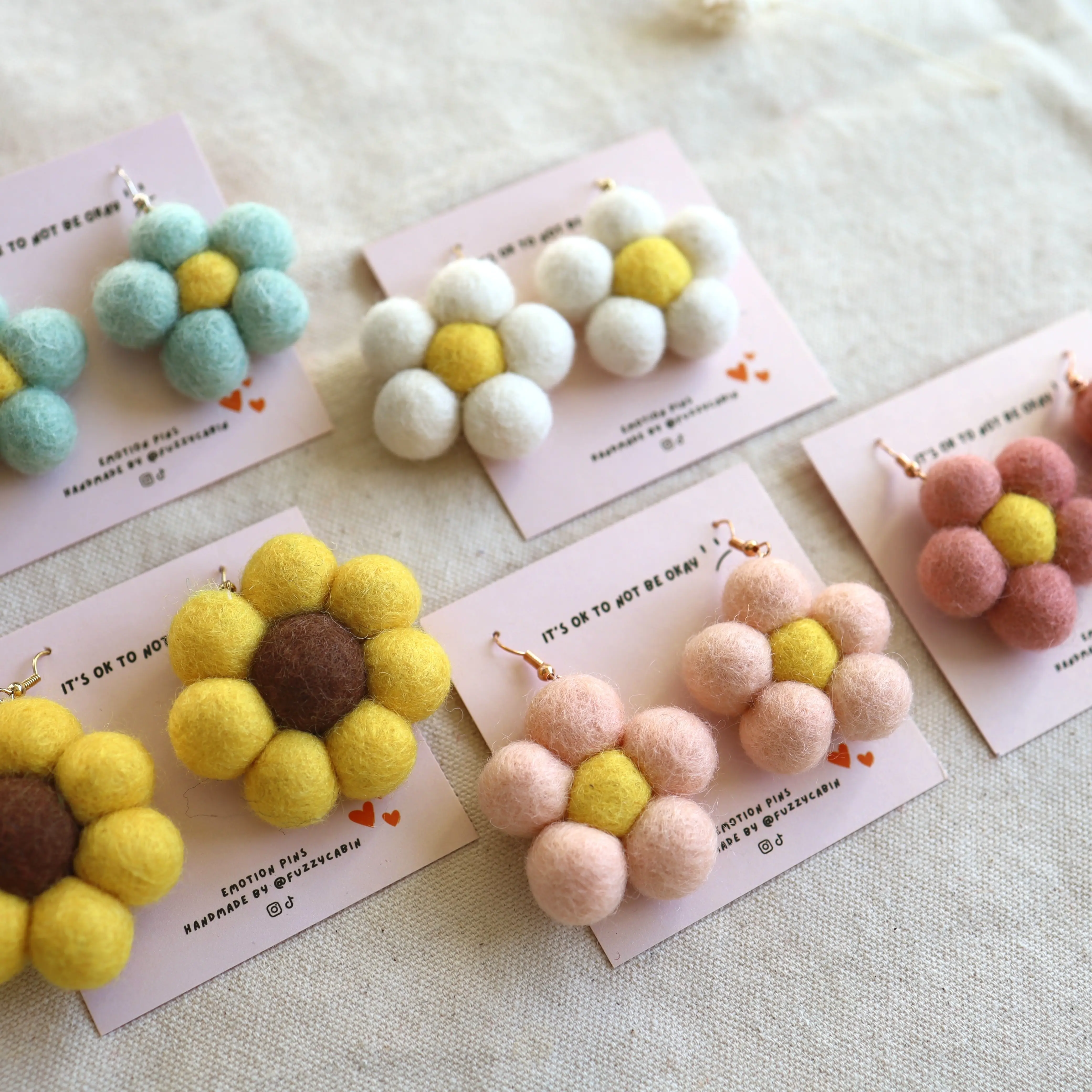 Fuzzy Cabin -Handmade Daisy Flower Felt Earrings – Lightweight &amp; Adorable Floral Jewelry