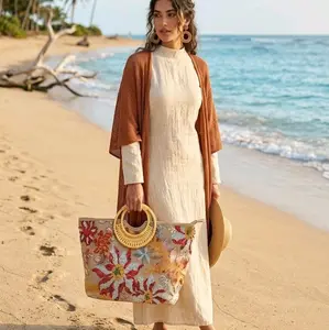 Women's Boho Floral Embroidered Jute Tote Bag with Rattan Circle Handles & Sequin Sparkle, Large Handcrafted Straw Shoulder Bag for Summer Beach & Gym Use