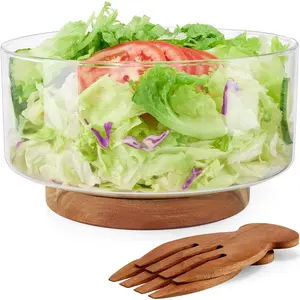 2024 HouseJoy Large Salad Bowl Set, Glass Salad Bowl with Acacia Wood Base and Salad Hands, Serving Bowls for Fruits, Popcorn, Chips, Pasta, Microwave & Dishwasher Safe, Kitchen Must-Have