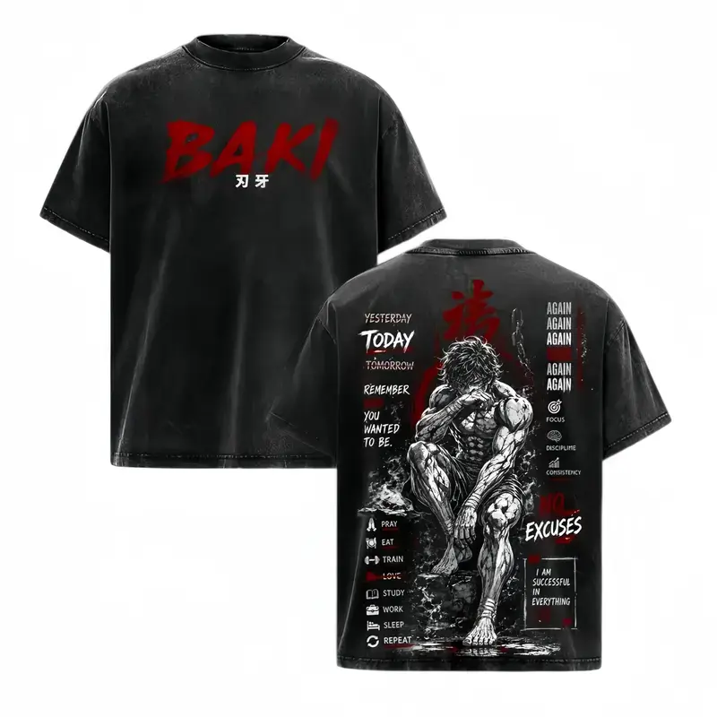 Baki Hanma Vintage Washed Graphic Tee Oversized Anime Manga Streetwear T-Shirt. Martial Arts Motivation Gym Pump Cover For Men And Women, Fitness Workout Tops. Edgy Casual Otaku Gift Apparel, Y2K Retro Faded Clothing & Viral No Excuses Graphic Shirts