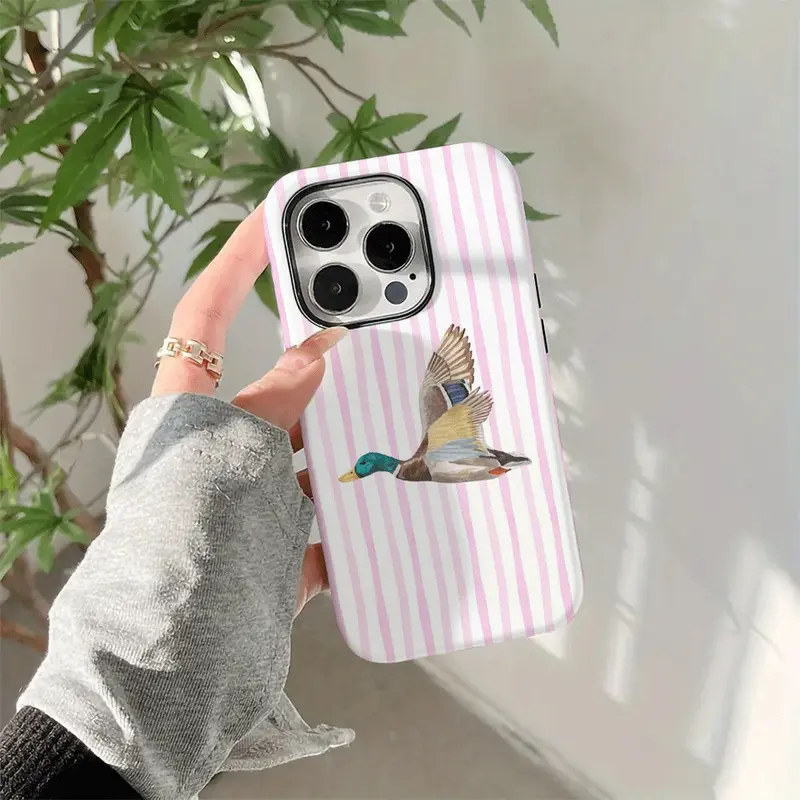 A durable 2 in 1 dual layer protective case with a white striped background and bird pattern, compatible with iPhone 17/16/15/14/13/12/11 Pro Max/Plus/Pro and Samsung Galaxy S25/S24/S23 Ultra series. Ideal for couples.