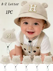 1PC A-Z Letter Pattern Sun Hat for Kids, UV Protection Wide Brim Bucket Hat with Chin Strap, Suitable for 1-3 Year Olds, Outdoor Wear