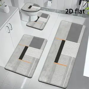 3pcs/4pcs Geometric Gray Lines Bathroom Mat Minimalist Style Modern Style Bathroom Mat Set Toilet Lid Cover And Carpet Bathroom Decoration U-Shaped Foot Pad