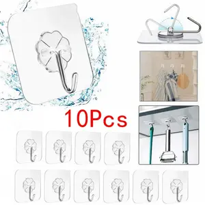 10-Pack Adhesive Hooks, Kitchen Wall Hooks No Nails Needed, Reusable Stainless Steel Hooks for Towels and Bath Hats, Practical and Durable, Bathroom Organization, Self Adhesive Hooks