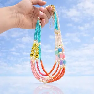 Colorful Beaded Necklace Handmade with Natural Pearls, Smiley Face Necklace Hand Painted, Layered Summer Necklace, Cute Jewelry for girls
