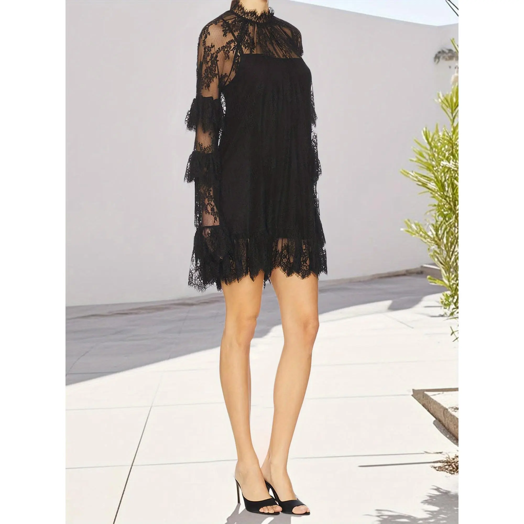 Women's Vintage Lace Dress - Long Sleeve Crew Neck Geometric Pattern Cocktail Dress, Lightweight 100% Polyester Non-See-Through Mini Dress for Fall & All Seasons, Hand Wash/Dry Clean