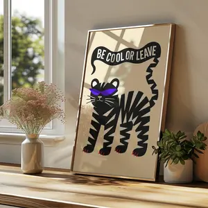 [UNFRAMED POSTER] Be Cool or Leave Poster - Funny Cat Quote Wall Art, Retro Black and White Animal Print, Bold Statement Decor for Home, Studio, or Office
