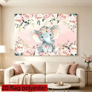 2D flat 1pc birthday decoration background cloth, soft cute cartoon elephant with pink rose elements, suitable for indoor birthday decoration, bedroom wall decoration, multiple sizes available, polyester material