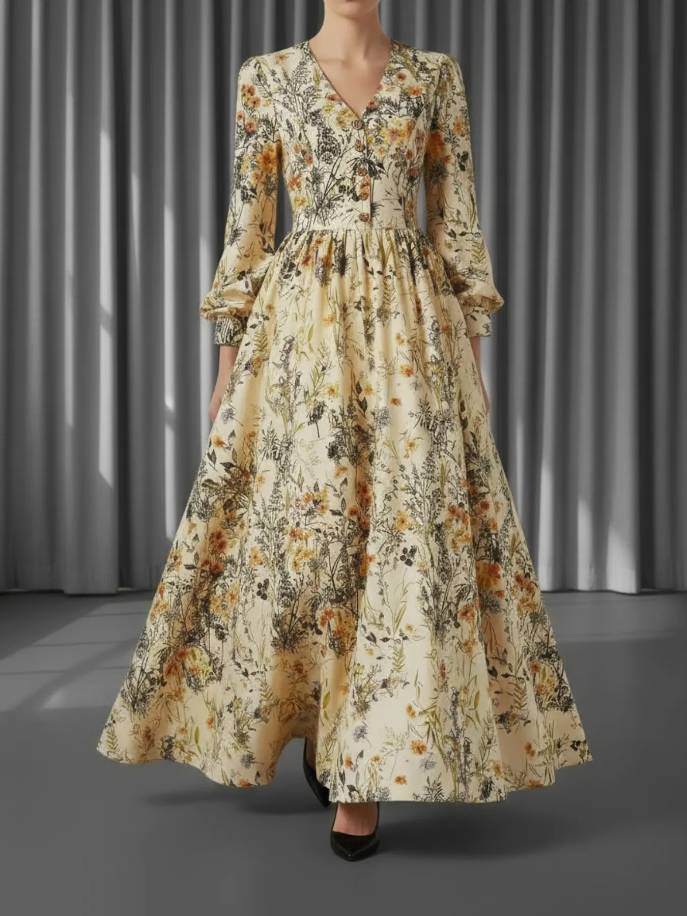 Elegant Summer Women's Floral Long Sleeve Dress, Womenswear, Boho, Bohemian Style Dresses, All over Print, Stylish and Comfortable, Perfect for Day Casual Wear, Bohemian Print Dresses