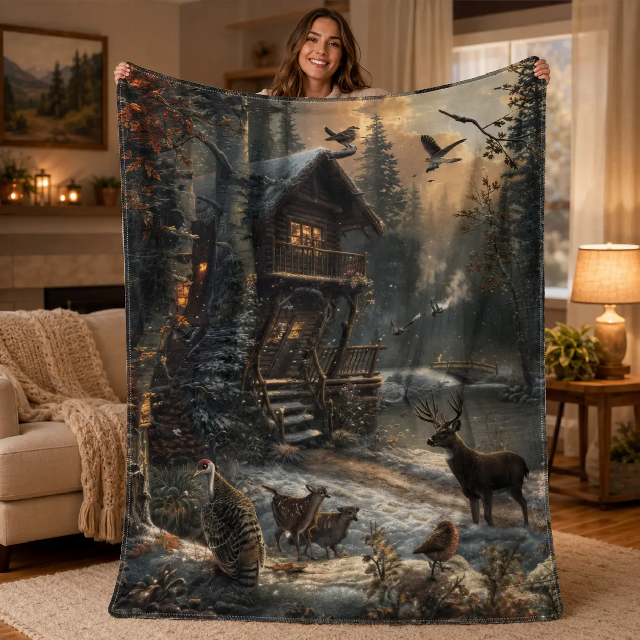 Rustic Hunting Cabin Flannel Blanket, Deer Turkey Wildlife Forest 280gsm Soft Cozy Throw for Couch Bed, Lodge Cabin Outdoor Home Decor Gift