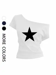 Women's Casual Commuter Loose Shoulder Cut Out T-Shirt, Star Print, Y2K Style, Fashion Trendy Top, Suitable for Daily Wear or Parties