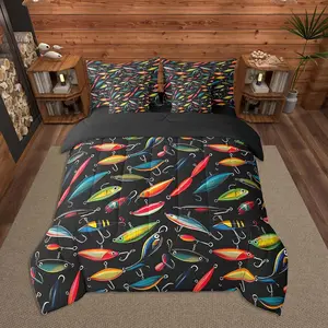 Fishing Bait Hook Comforter Set 7 Pieces Fish Hunt Bedding Set for Kids Boys Girls Rustic Country Bed in a Bag with Comforter + Sheets + Pillowcases + Cushion Covers