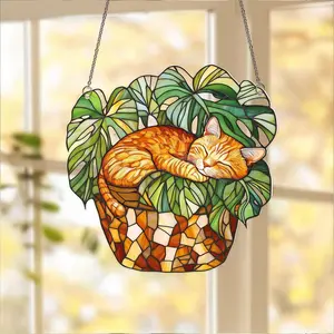 Orange Cat Monstera Suncatcher, Fade Resistant Acrylic Window Hanging, Cute Cat And Tropical Plant Design, Cat And Plant Lover Gift, Bright Cozy Home Decor Accent, Summer Sun Catcher For Window, Birthday Gift Idea