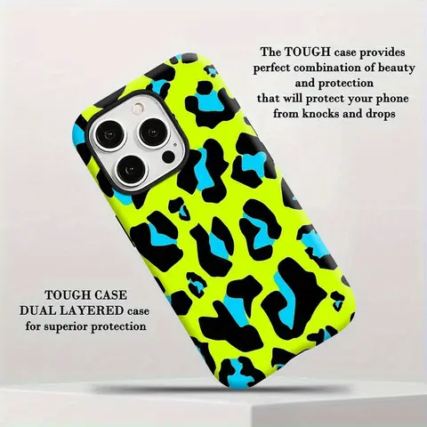 Fluorescent contrast leopard print pattern, durable, shock-absorbing glossy two-in-one mobile phone case, suitable for iPhone 17 18Pro 16 15 14 13 12 11 X, Samsung and other series models, can be given as a holiday gift to friends or family