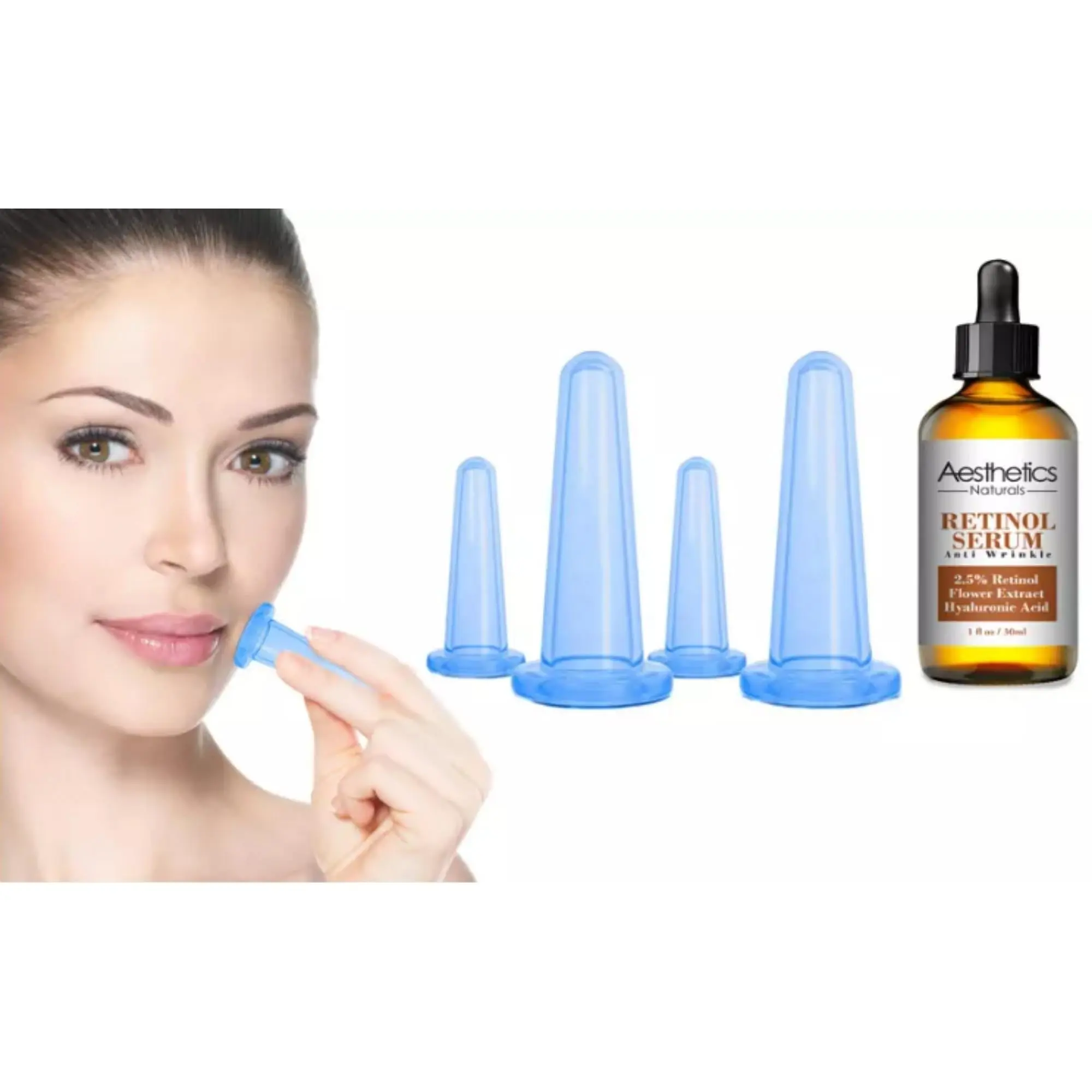Facial Cupping Therapy Set with Retinol Serum, 4-Piece Medical Grade Silicone Face Cups for Anti-Aging, Skin Firming, and Facial Slimming Massage to Rejuvenate Skin, Cleansing, Facial Slimming & Massage Tools, Firming/Lifting