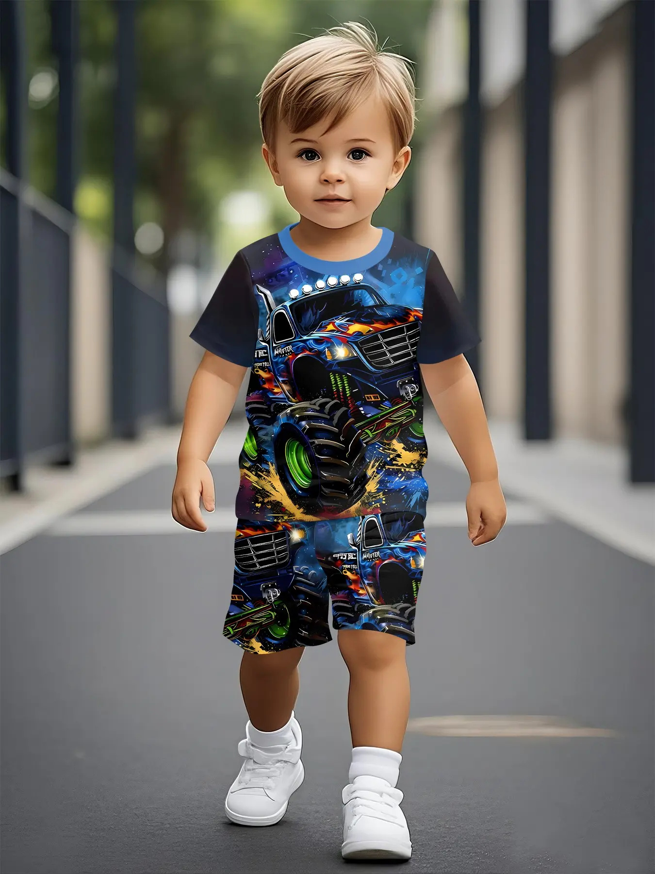 Digital Printed Baby Summer Short-Sleeve Set with Flame Off-Road Truck Pattern, Casual Toddler Clothing, Toddler Suit, Daily and Outdoor Sports T-shirt. Made of 100% Polyester, Perfect Gift for Infants and Toddlers!