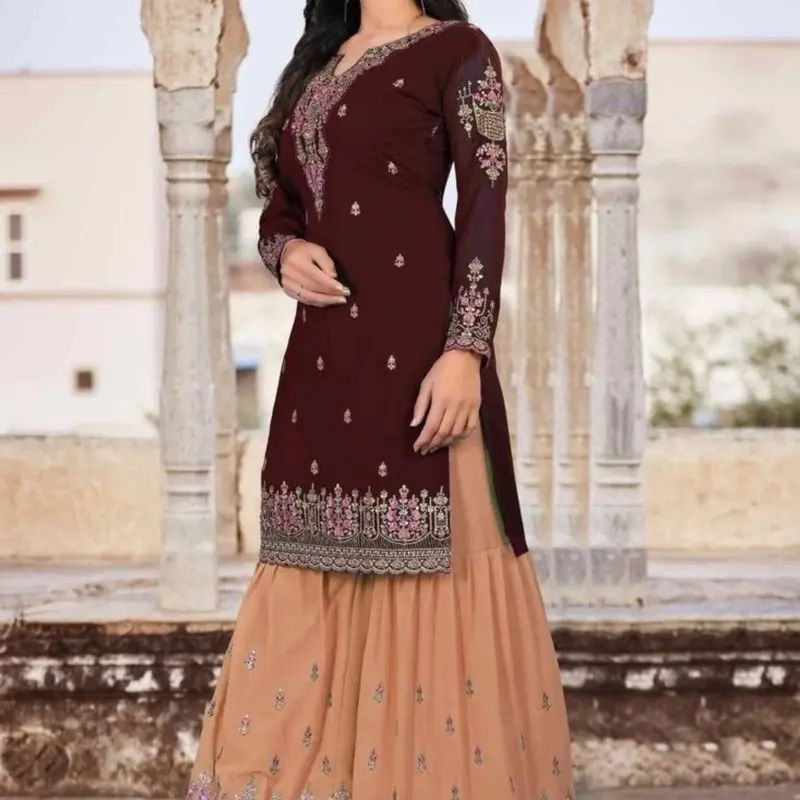 brown sharara dress Brown Heavily Embellished Kameez with Sharara Pakistani Party Dress main image 1